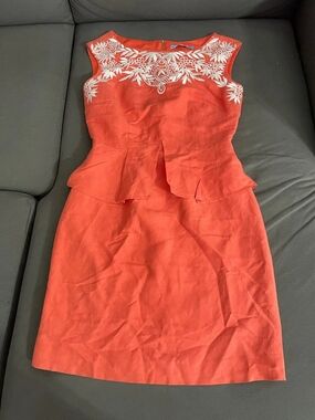 ANTONIO MELANI Coral Orange Peplum Zip-Front Midi Dress
